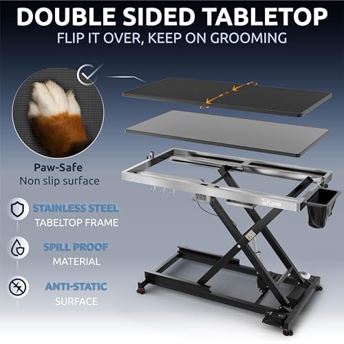 49" Professional Electric Dog Grooming Table, Black + 61" Professional Stainless Steel Dog Bathing Station, Right RAMP