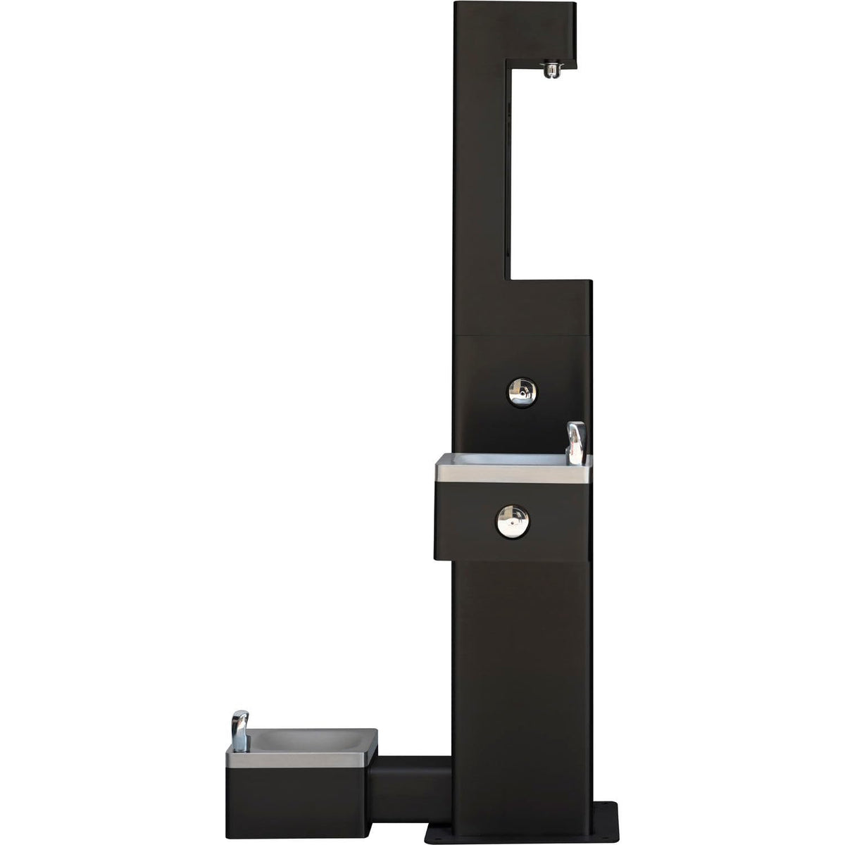 Global Industrial Outdoor Bottle Filler, 316 Stainless Steel, Pushbutton with Bi-Level Drinking Fountain & Pet Station, Black Powder Coat, 47-3/4"W x 28-3/8"D x 60-1/4"H