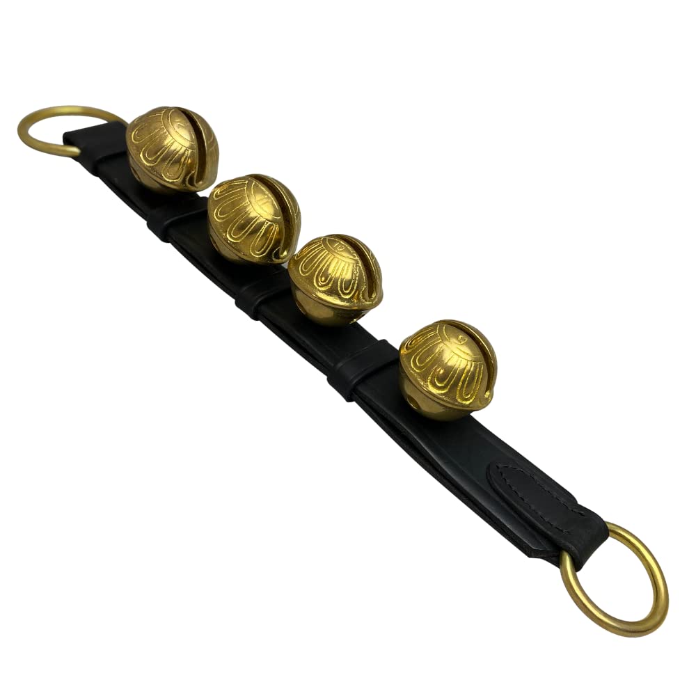 Rustic Red Door Co. Hanging Jingle Sleigh Bells on Leather Strap for Door Knob, Dog to Go Outside, Pet Puppy Potty Training, Christmas Decor, 4 Brass Bells, Black Leather