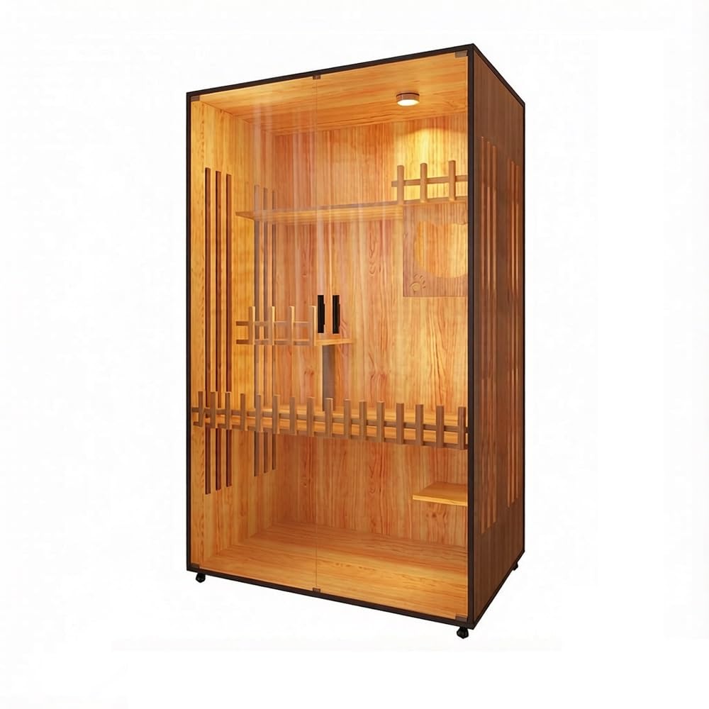 Luxury Pet House Large Wooden Cat Enclosure with LED Light & Wheels for Home Use(Large)