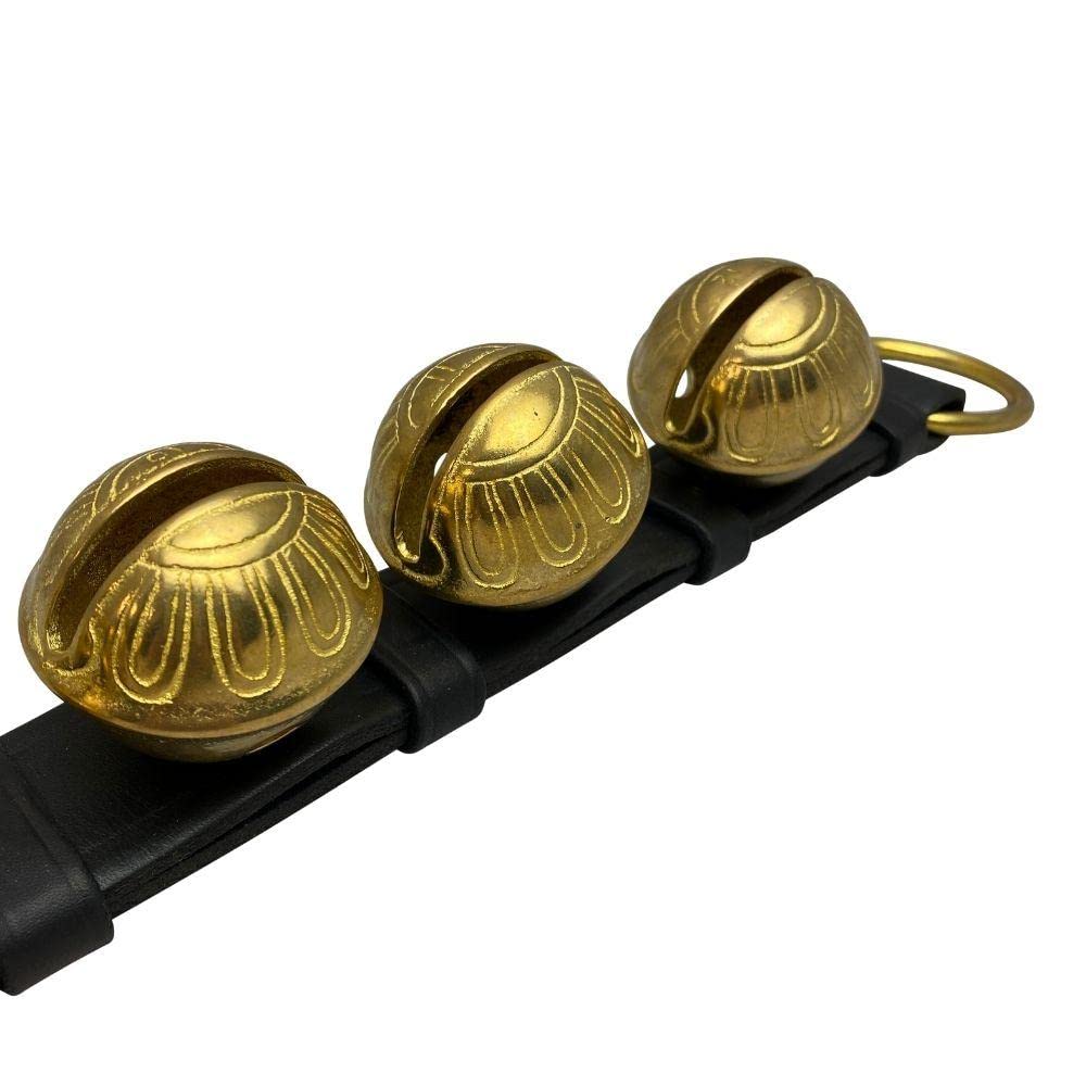 Rustic Red Door Co. Hanging Jingle Sleigh Bells on Leather Strap for Door Knob, Dog to Go Outside, Pet Puppy Potty Training, Christmas Decor, 4 Brass Bells, Black Leather