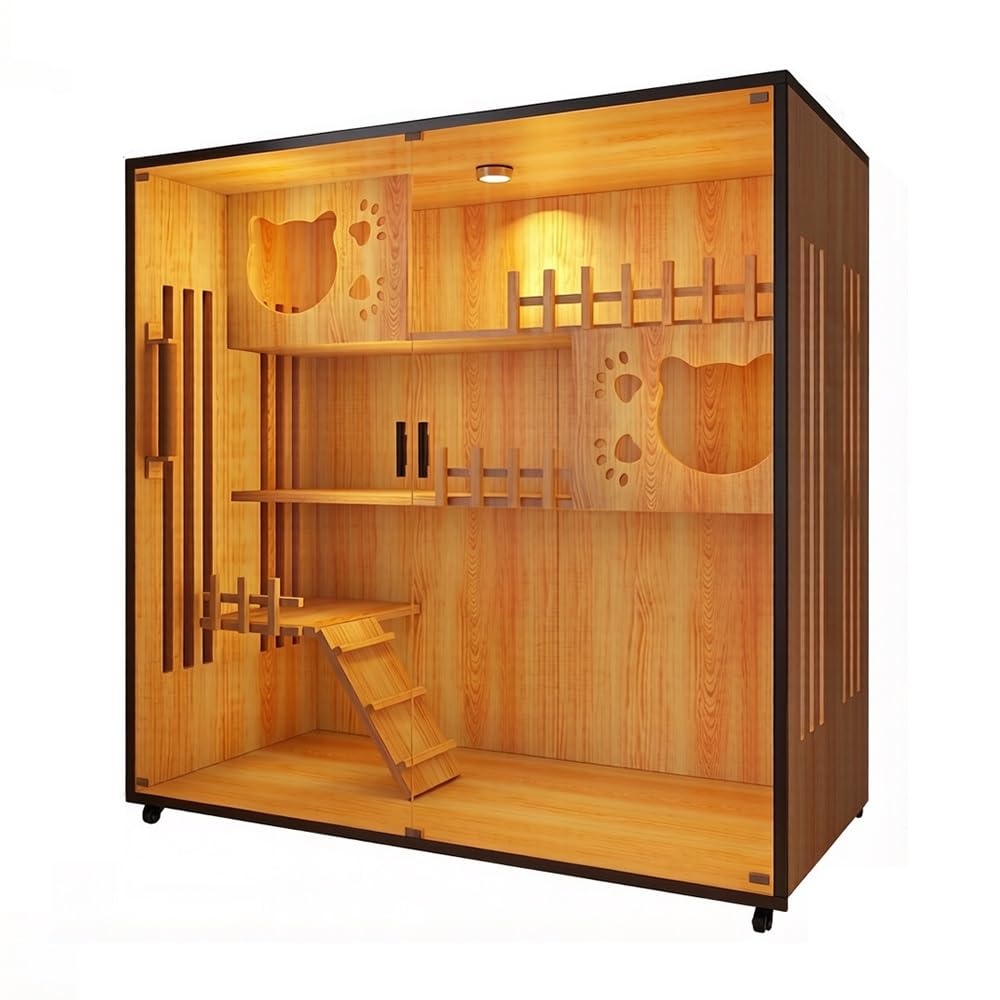 Luxury Pet House Large Wooden Cat Enclosure with LED Light & Wheels for Home Use(Large)