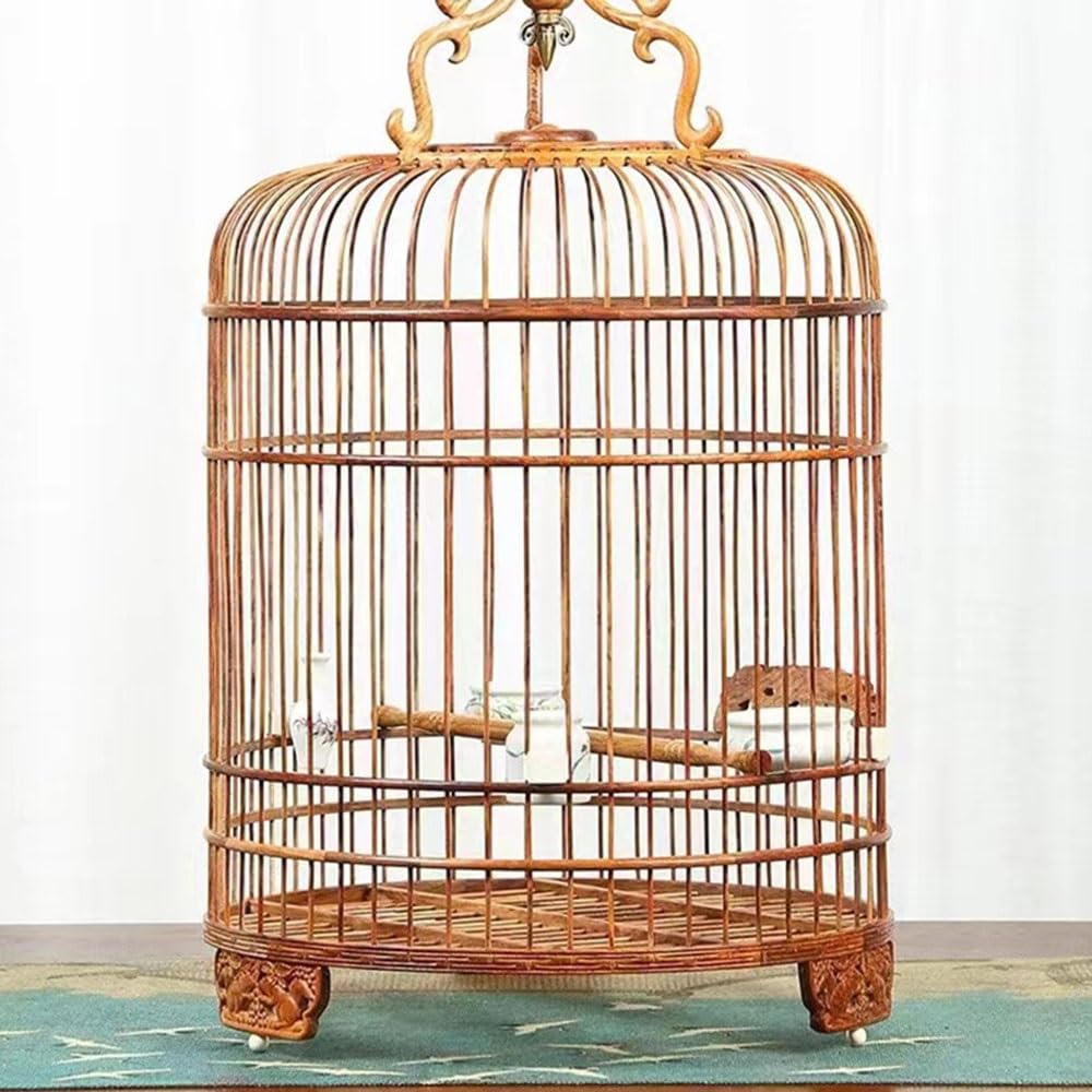 Bird Cage Vintage Wooden Birdcage with Carved Patterns Metal Pattern Hook Hangable Breathable Portable Pet Supplies