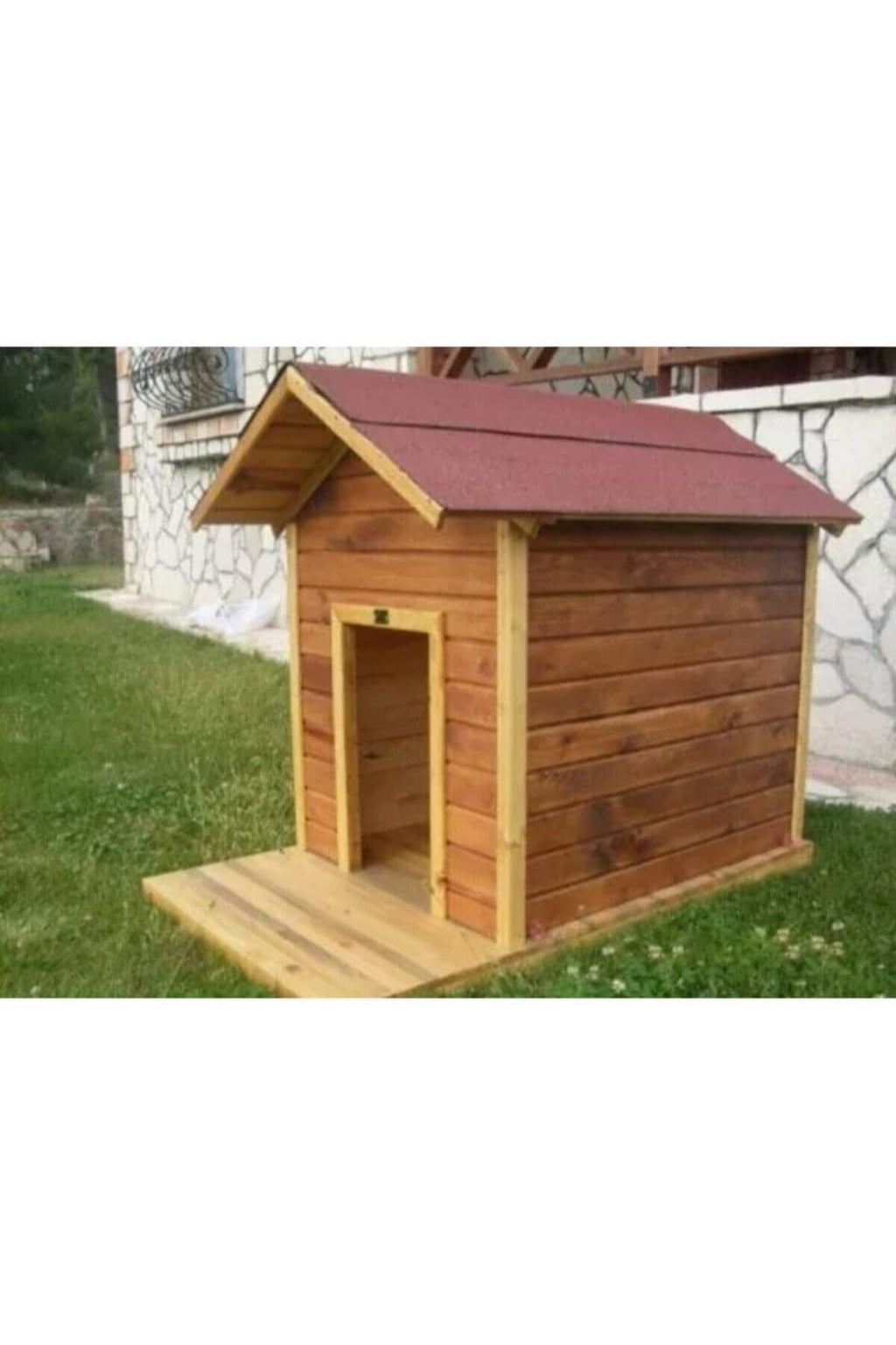 SODEF Large Wooden Dog House Kennel Varnished Wood Finish Outdoor Pet Shelter, Durable & Weather Resistant - Varnished Wood
