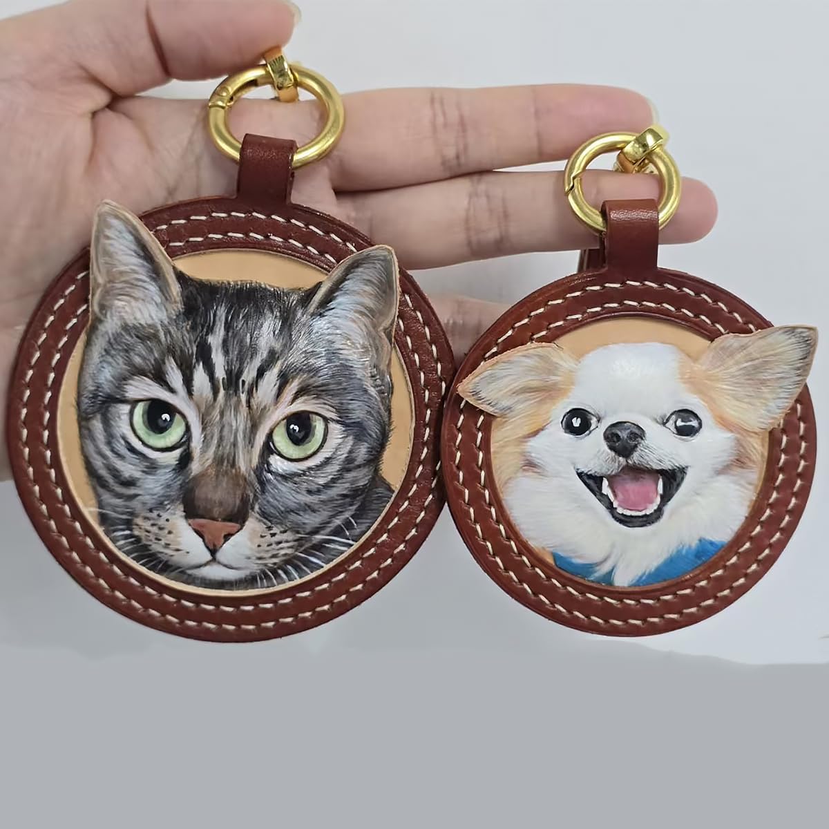 Handmade Stereo Relief Pet Portrait Leather Carving Pendant (Double Pets)