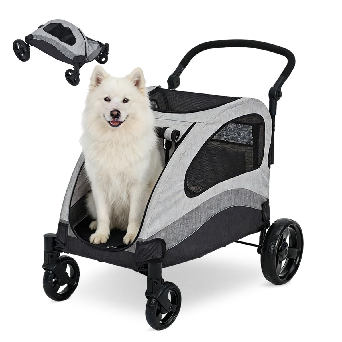 Extra Large Dog Stroller - Heavy Duty Steel Pipe Frame Pet Jogger with Shock Absorption Wheels, Safety Brakes, Adjustable & Removable Handle, Foldable Fold-and-Go Travel Carrier for Large Dogs