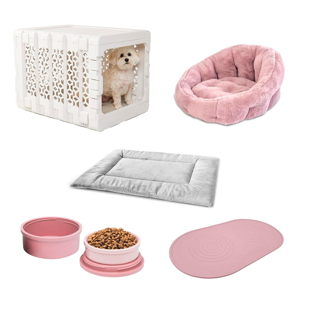 KindTail Dog Crate + Orthopedic Pet Bed + Crate Pad + Pet Bowls + Food Mat - Collapsible Pet Crate with Pad and Orthopedic Bed for Pets up to 25 Lbs - Includes (2) Bowls and a Silicone Mat - Medium