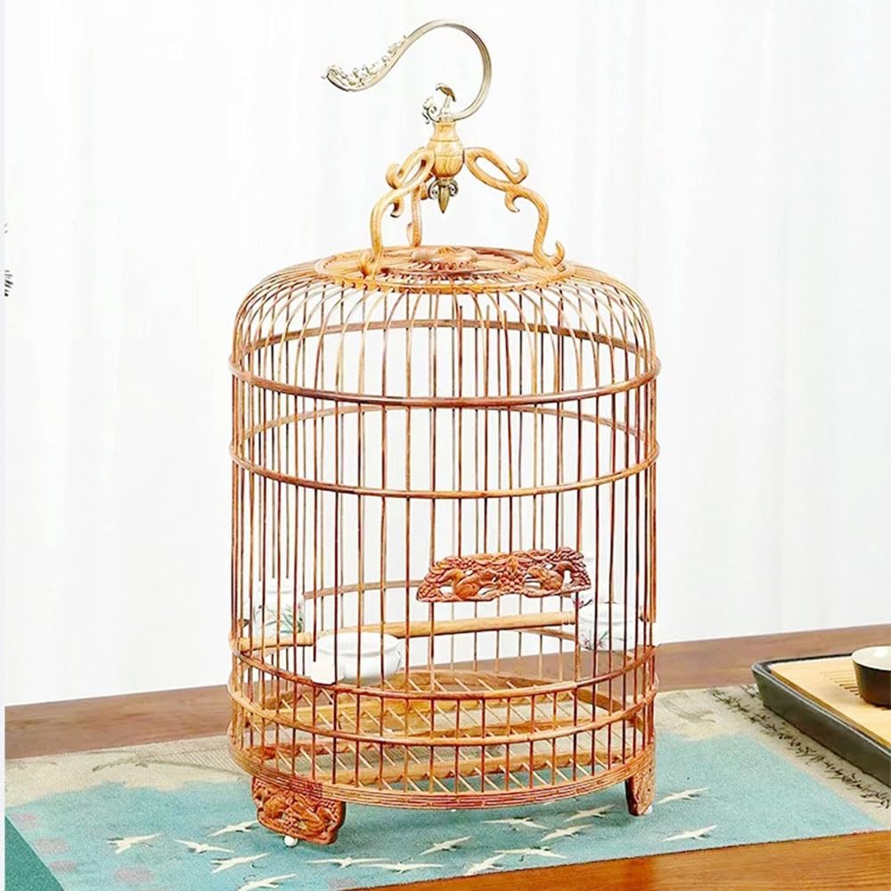 Bird Cage Vintage Wooden Birdcage with Carved Patterns Metal Pattern Hook Hangable Breathable Portable Pet Supplies