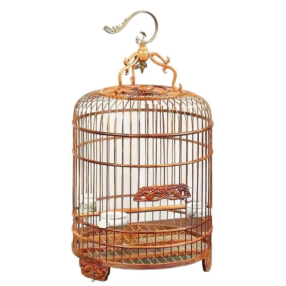 Bird Cage Vintage Wooden Birdcage with Carved Patterns Metal Pattern Hook Hangable Breathable Portable Pet Supplies