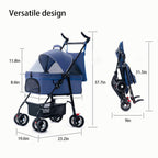 Dog Cats Stroller Folding Pet Cage Jogger Stroller, 4 Wheel Pet Stroller with Storage Pocket Weather Cover, Breathable and Visible Mesh for Small Dogs Suitable for Taking Pets for a Walk or Shopping