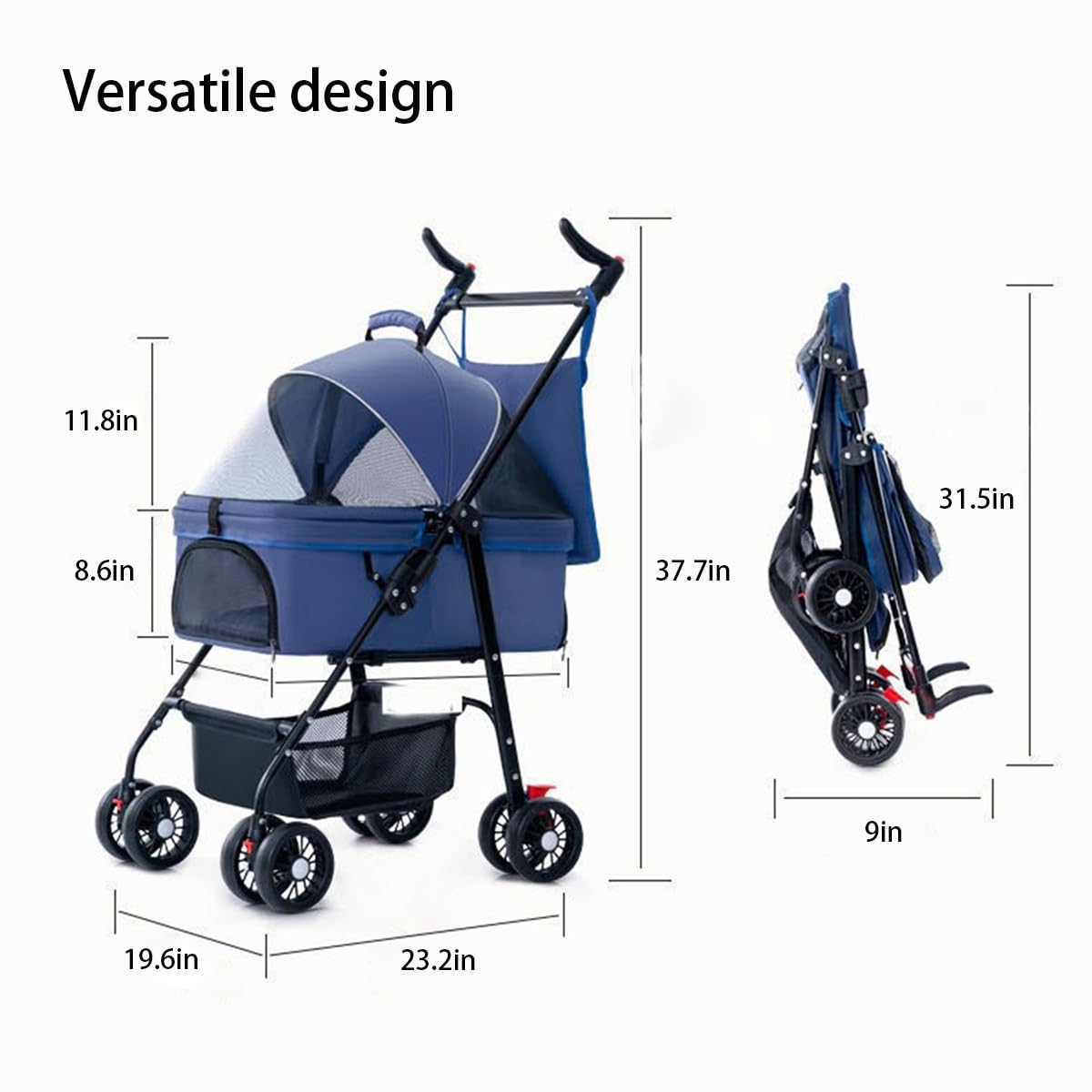 Dog Cats Stroller Folding Pet Cage Jogger Stroller, 4 Wheel Pet Stroller with Storage Pocket Weather Cover, Breathable and Visible Mesh for Small Dogs Suitable for Taking Pets for a Walk or Shopping