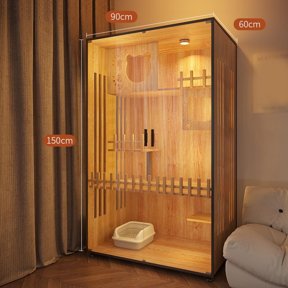 Luxury Pet House Large Wooden Cat Enclosure with LED Light & Wheels for Home Use(Medium)