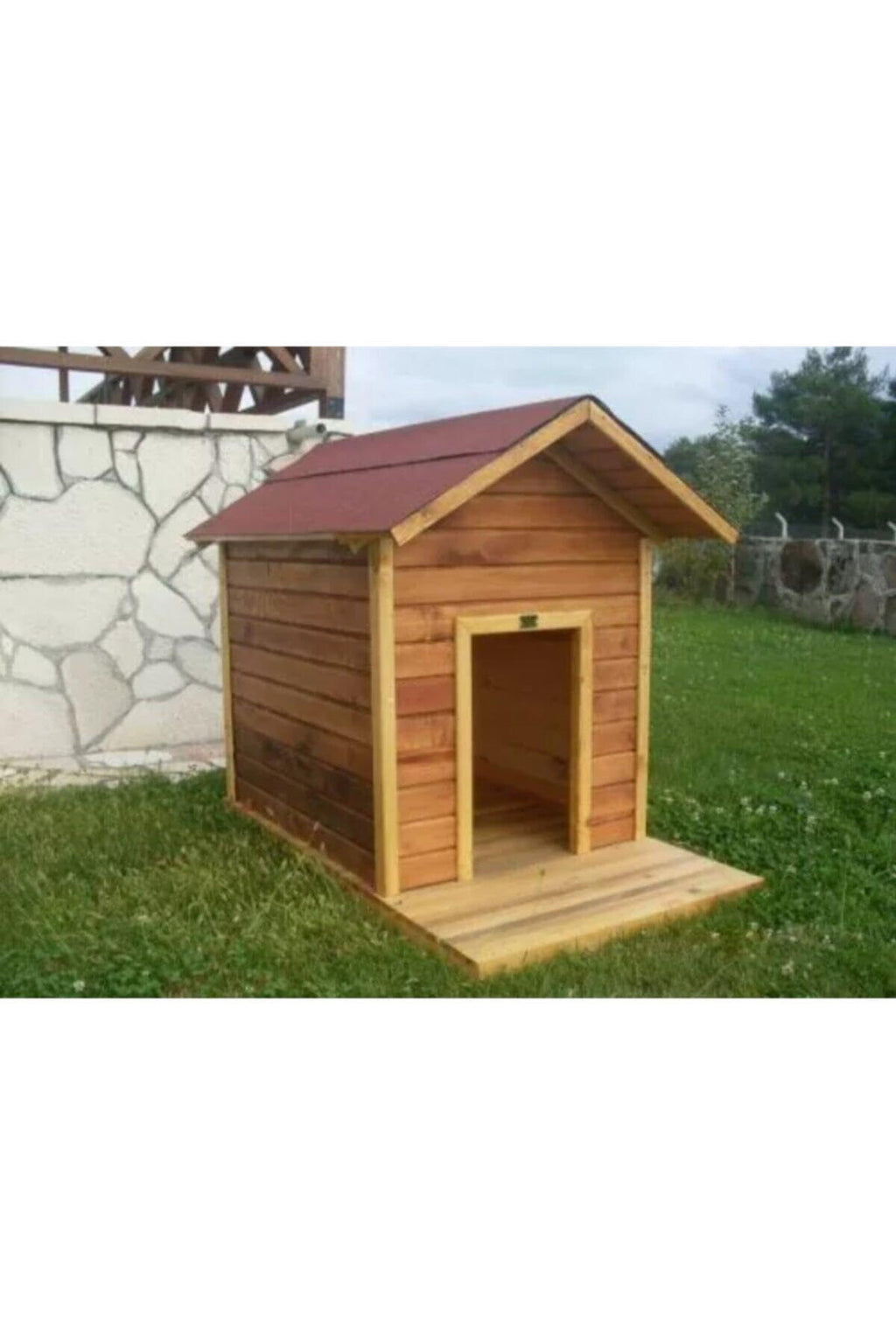 SODEF Large Wooden Dog House Kennel Varnished Wood Finish Outdoor Pet Shelter, Durable & Weather Resistant - Varnished Wood
