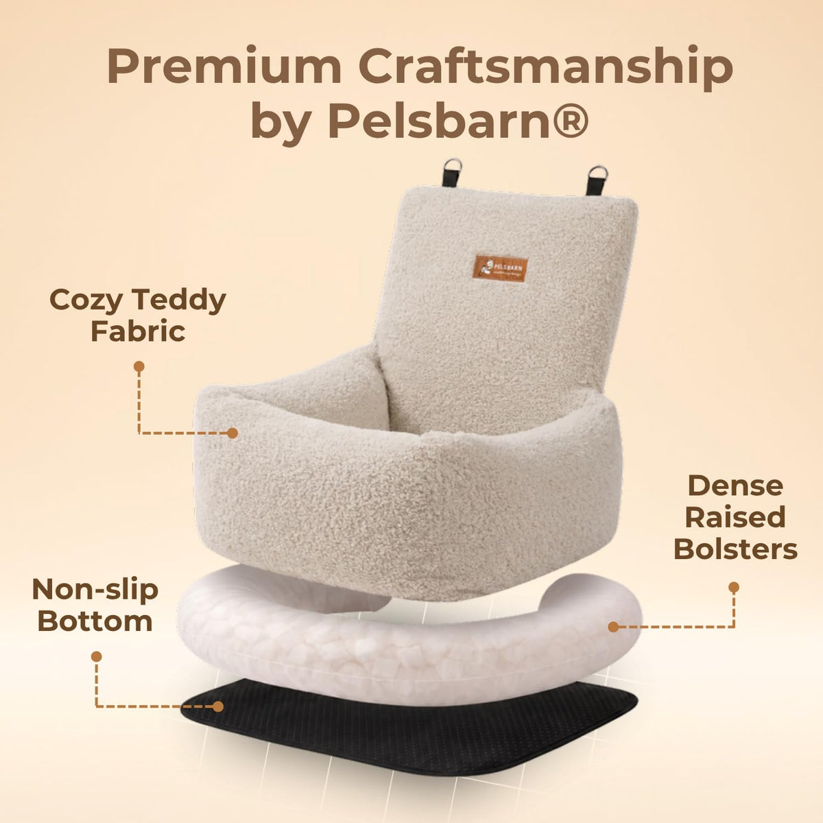Pelsbarn Teddy Dog Car Bed, Washable Bolster Travel Seat, Small, Gray