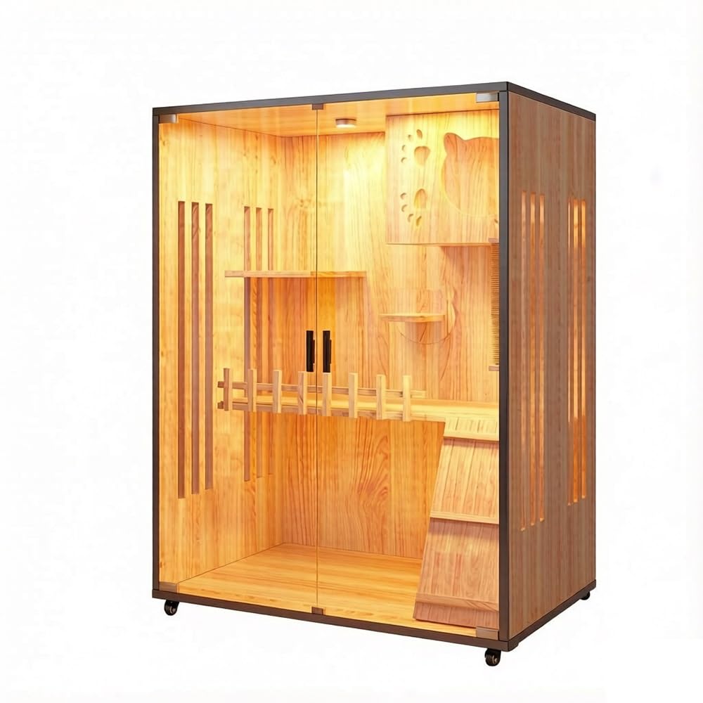Luxury Pet House Large Wooden Cat Enclosure with LED Light & Wheels for Home Use(Large)