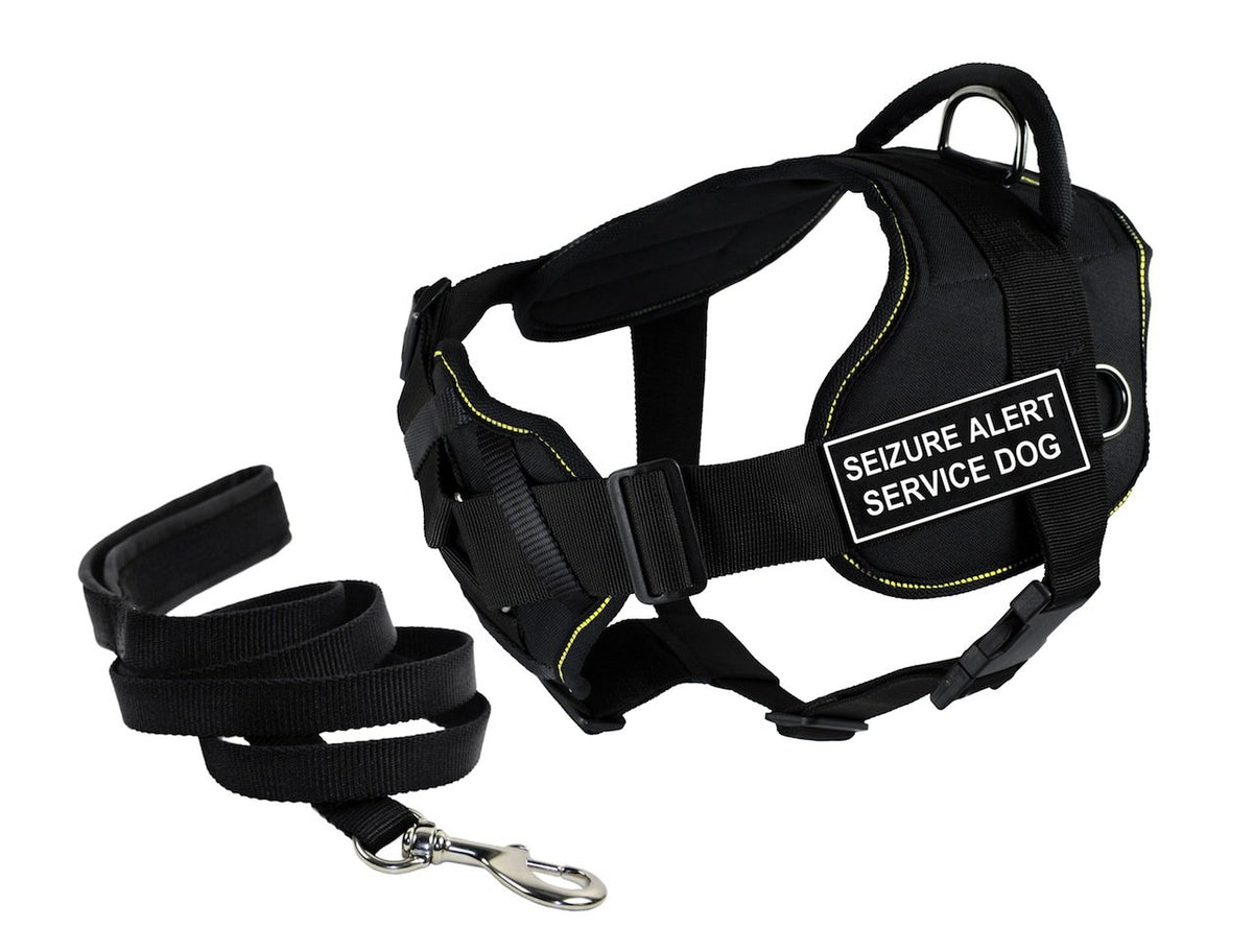 Dean & Tyler Bundle of DT Fun Harness with Chest Support, Large, Yellow Trim and 6-Feet Stainless Snap Padded Puppy Leash, Black, Seizure Alert Service Dog