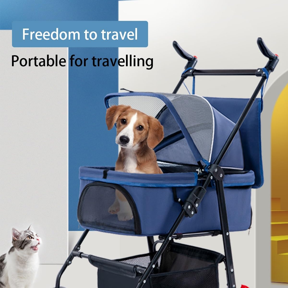 Dog Cats Stroller Folding Pet Cage Jogger Stroller, 4 Wheel Pet Stroller with Storage Pocket Weather Cover, Breathable and Visible Mesh for Small Dogs Suitable for Taking Pets for a Walk or Shopping