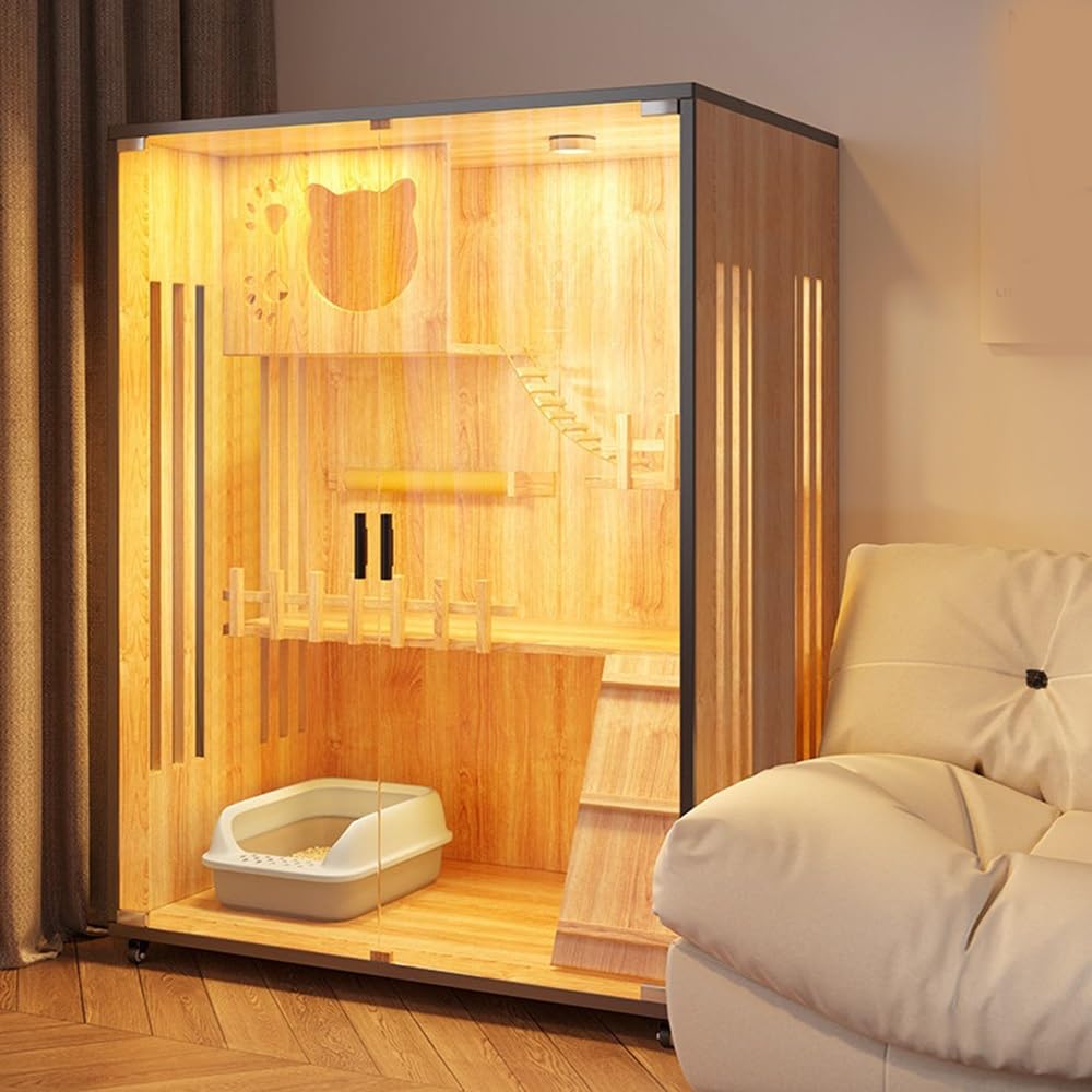 Luxury Pet House Large Wooden Cat Enclosure with LED Light & Wheels for Home Use(Medium)
