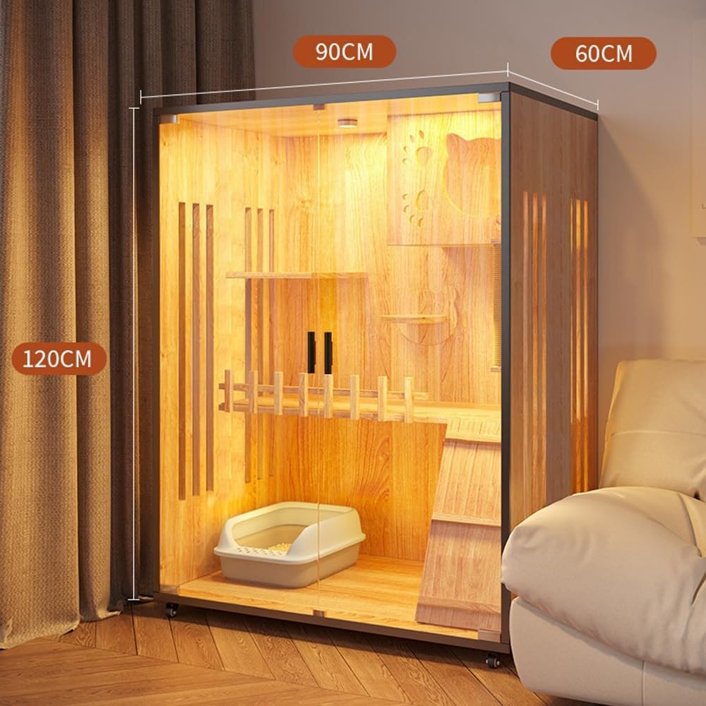 Luxury Pet House Large Wooden Cat Enclosure with LED Light & Wheels for Home Use(Medium)