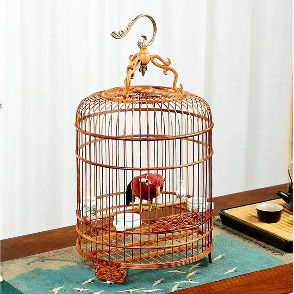 Bird Cage Vintage Wooden Birdcage with Carved Patterns Metal Pattern Hook Hangable Breathable Portable Pet Supplies