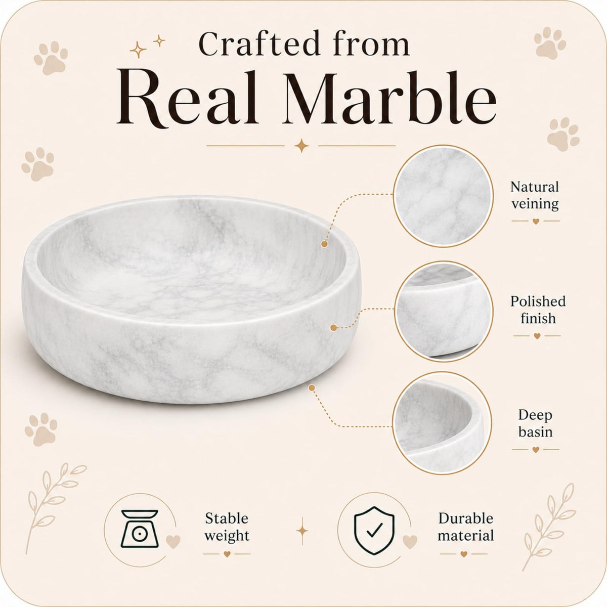 White Marble Dog Bowl Large Heavy Duty Non Slip Food Water Dish 6 Cups Gift