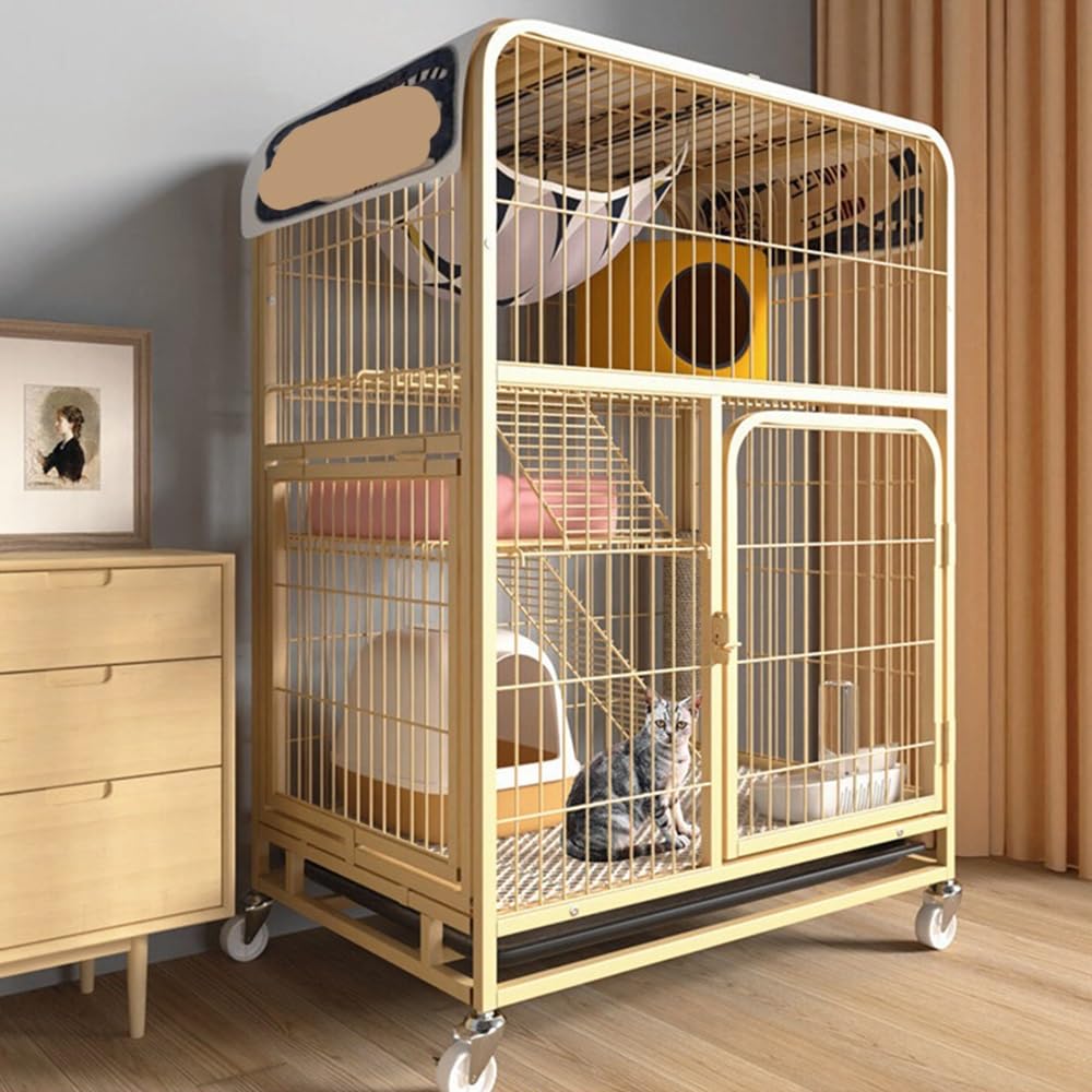 Luxury Pet House Cat Cage with Litter Box Multi Opening Rolling Cat Condo for Home Use(Gold,Large)