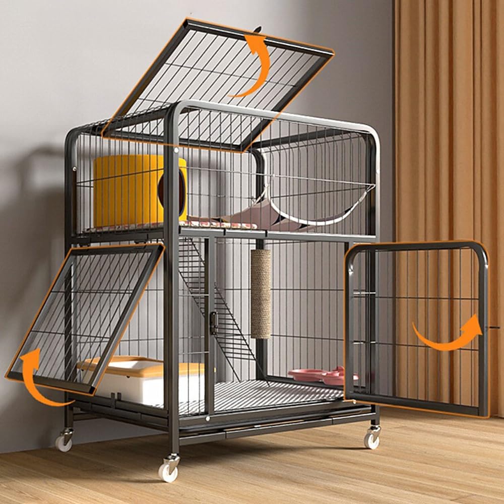 Luxury Pet House Cat Cage with Litter Box Multi Opening Rolling Cat Condo for Home Use(Gold,Large)
