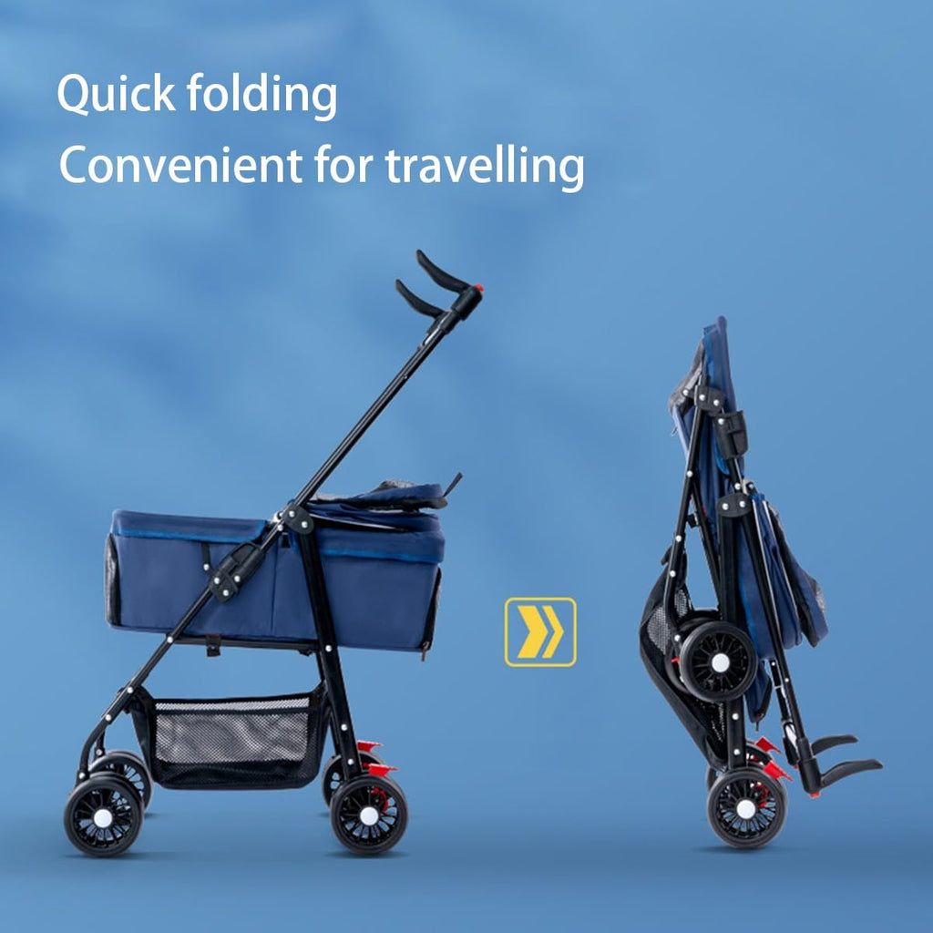 Dog Cats Stroller Folding Pet Cage Jogger Stroller, 4 Wheel Pet Stroller with Storage Pocket Weather Cover, Breathable and Visible Mesh for Small Dogs Suitable for Taking Pets for a Walk or Shopping
