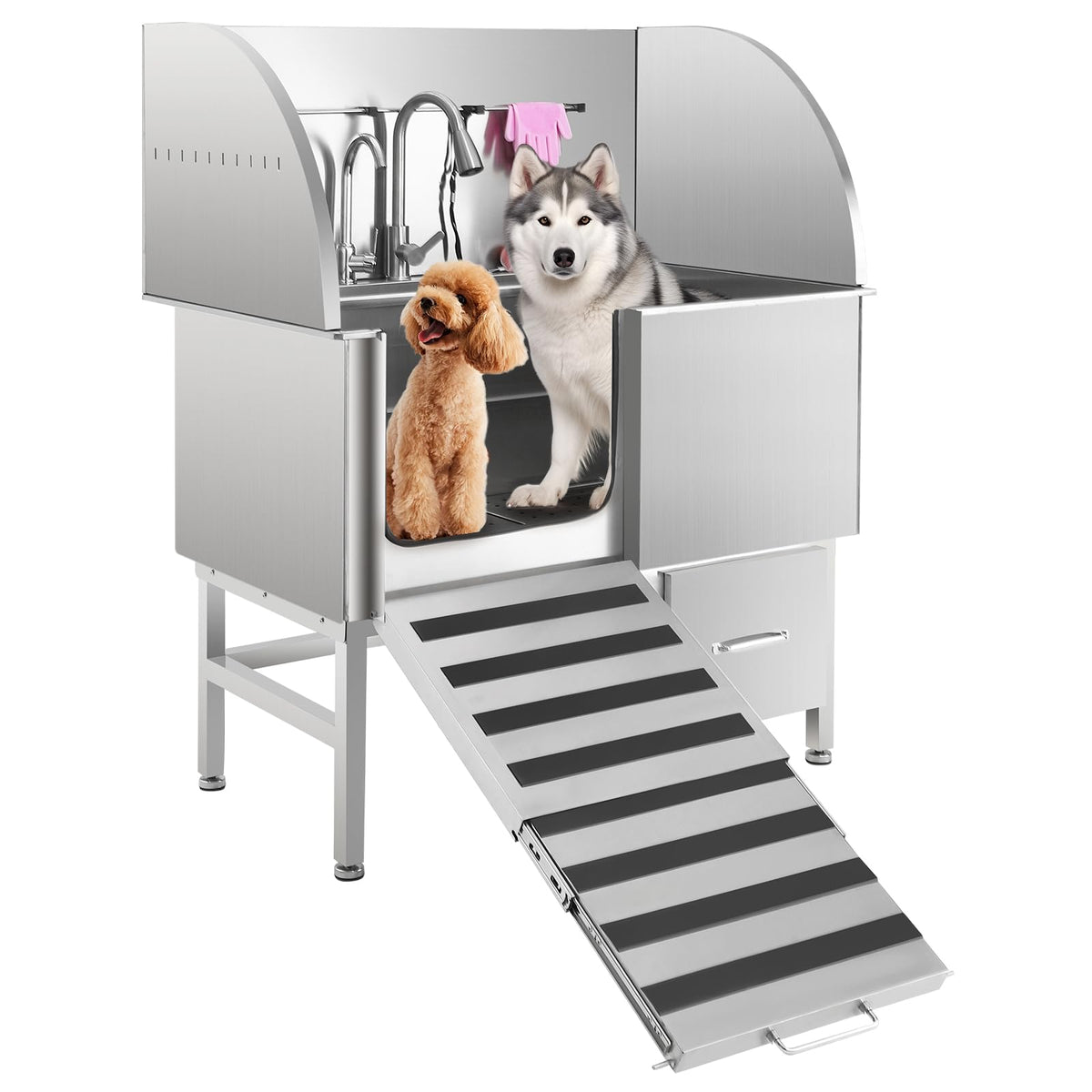 Dog Washing Station, 62” Dog Grooming Tub with Foldable Ramp, Pull-Out Faucet, Large Storage Drawer, Professional Stainless Steel Grooming Station for Large, Medium and Small Pets, Left Door