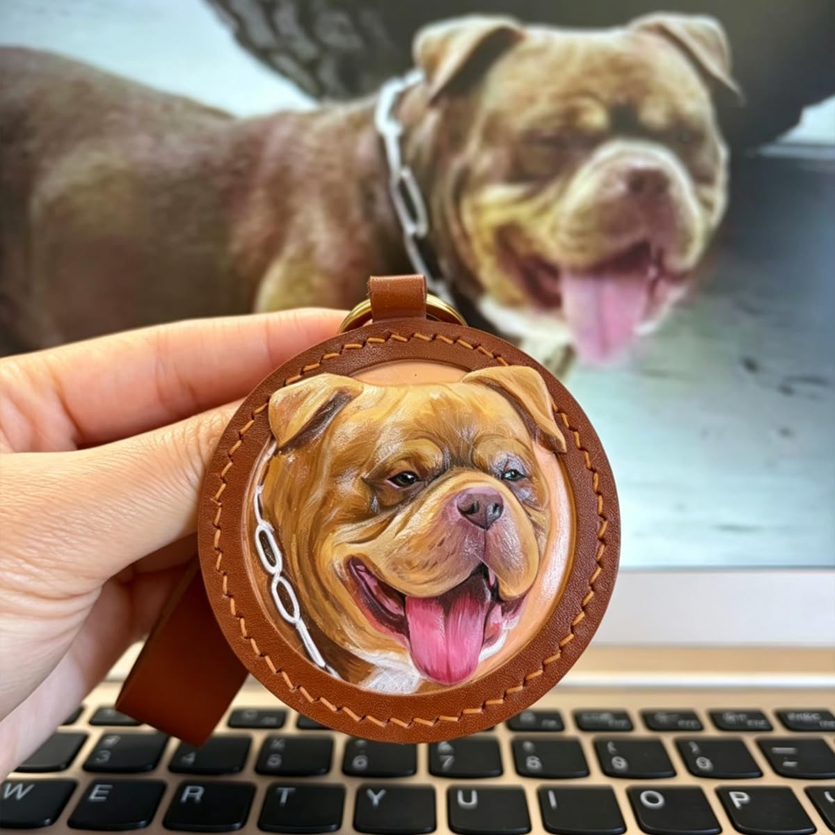 Handmade Stereo Relief Pet Portrait Leather Carving Pendant (Double Pets)