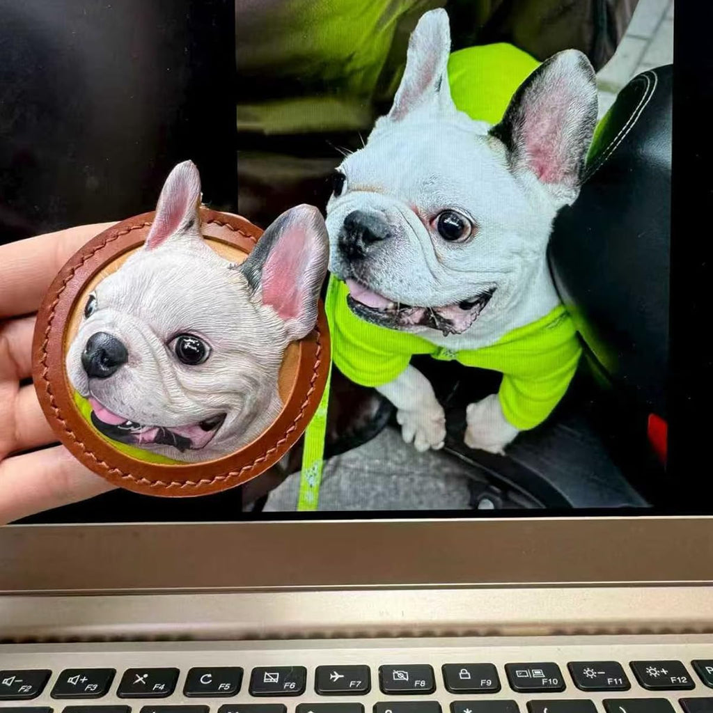 Handmade Stereo Relief Pet Portrait Leather Carving Pendant (Double Pets)