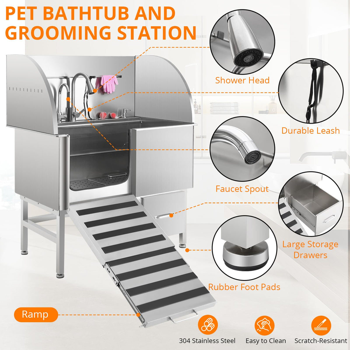 Dog Washing Station, 62” Dog Grooming Tub with Foldable Ramp, Pull-Out Faucet, Large Storage Drawer, Professional Stainless Steel Grooming Station for Large, Medium and Small Pets, Left Door
