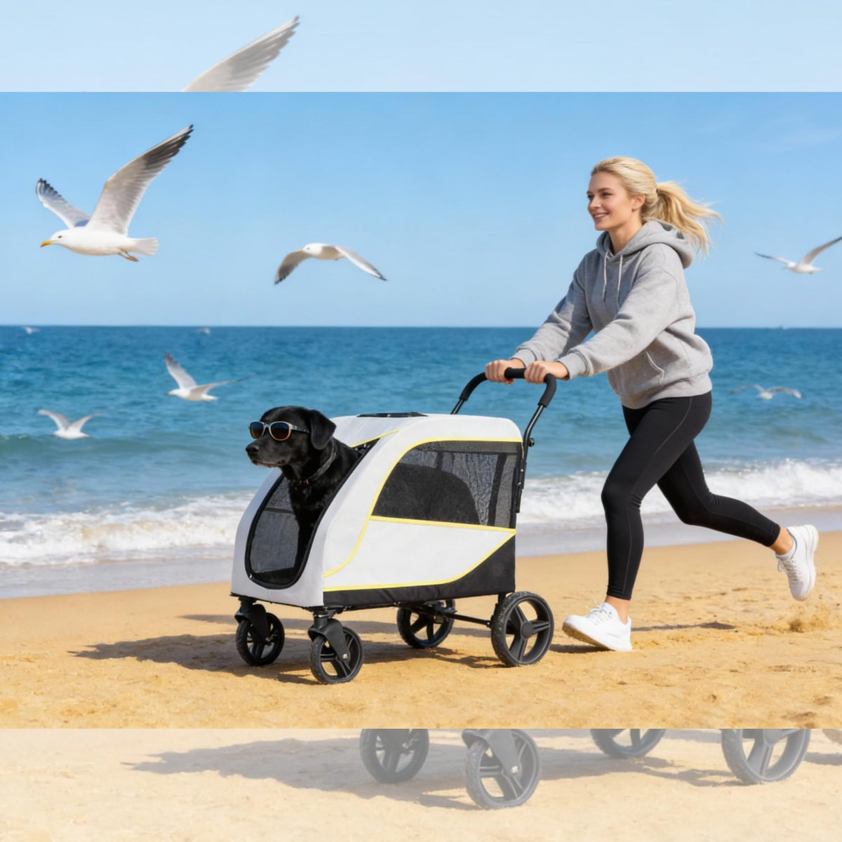 Heavy-Duty All-Terrain Dog Stroller for Large & Medium Pets up to 176 lbs – Dual Entry Wagon, One-Foot Brake, Breathable Mesh, Full Canopy, Easy-Fold, Storage Basket, Weather Cover,