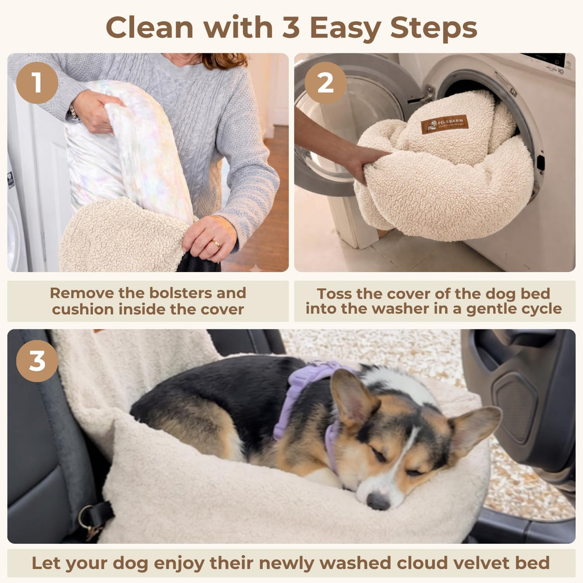 Pelsbarn Teddy Dog Car Bed, Washable Bolster Travel Seat, Small, Gray