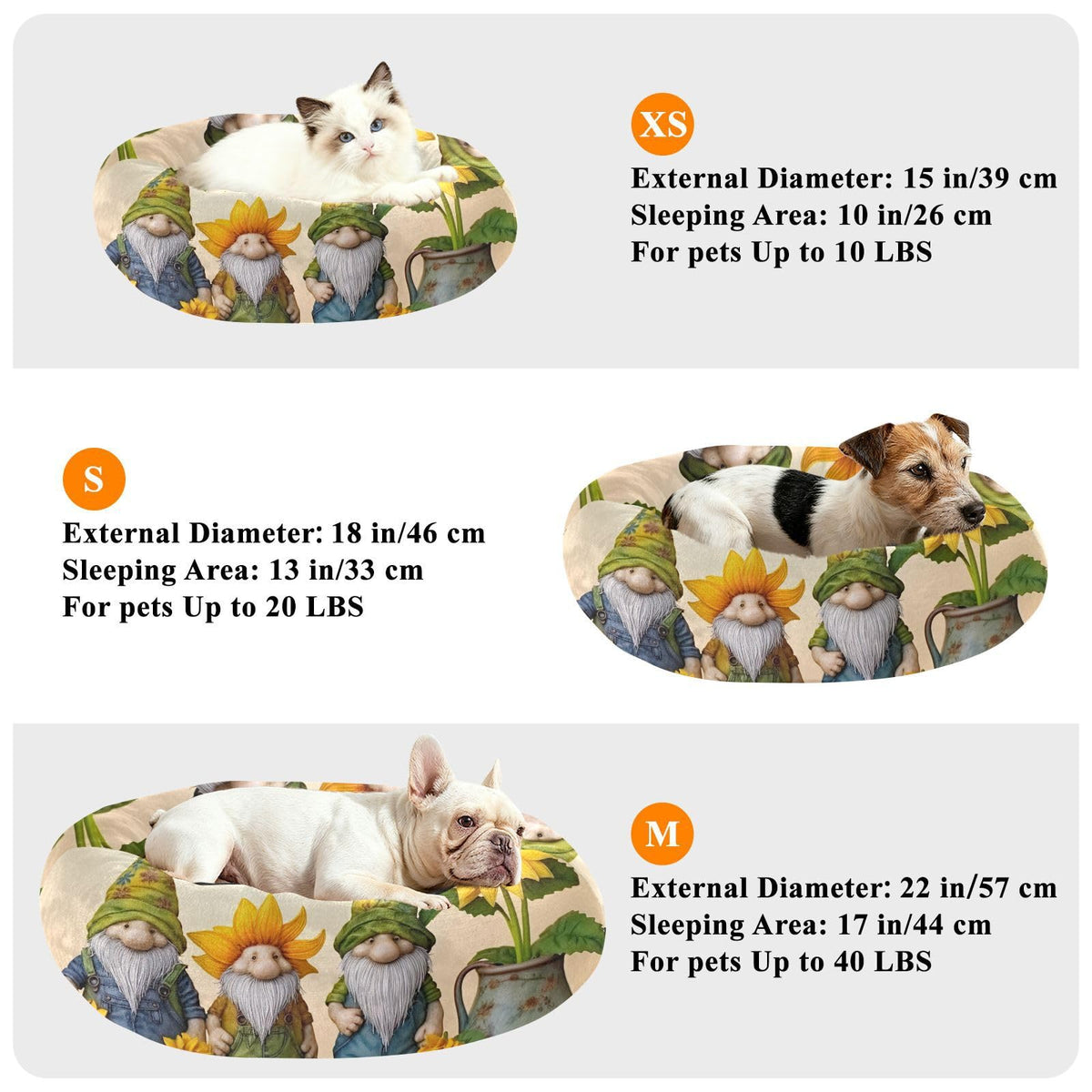 Donut Dog Bed for Small Dogs & Cats - Gnomes with Sunflowers Calming Anti-Anxiety Pet Bed with Non-Slip Base, Removable & Machine Washable, 22"