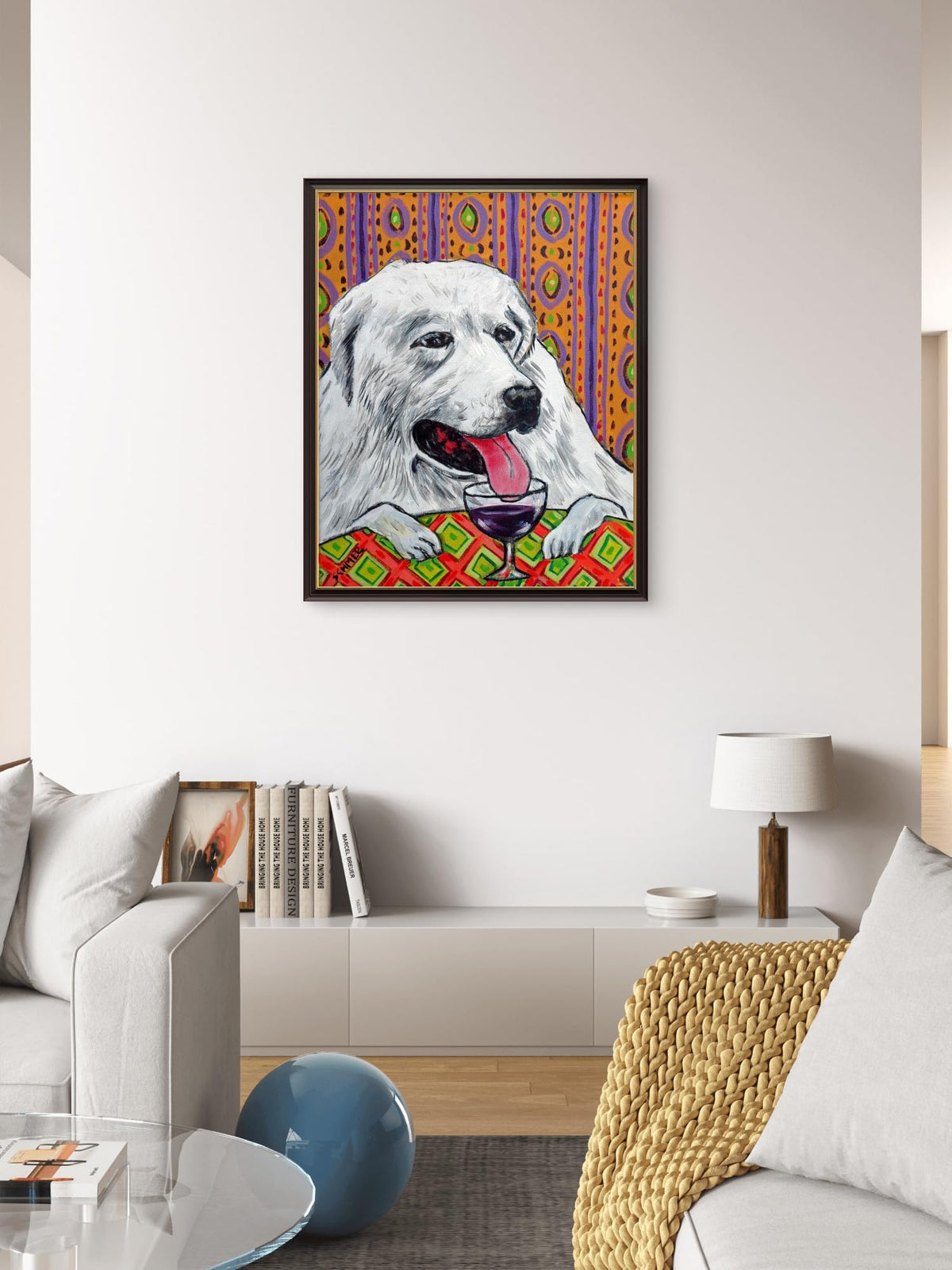 SCHMETZPETZ Great Pyrenees Wine Bar Art Print - Cute Dog Wall Decor - Available as Stretched Canvas in Sizes 8x10 to 24x36