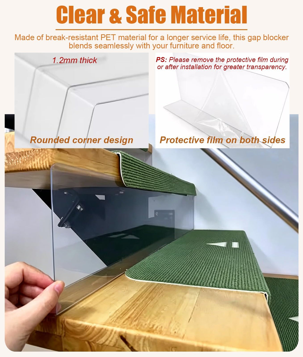 L-Shaped Under Couch Blocker for Pets/Toys/Cats, 8 Pack Adjustable Stair Gap Blockers, Clear Plastic Bed Bottom Guards with Adhesives(100x25 cm (39x9.8 in))
