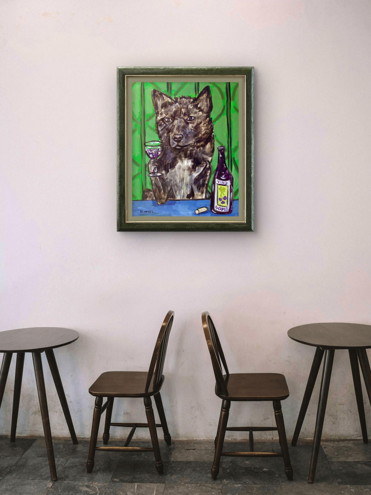 SCHMETZPETZ Akita Wall Art – Stretched Canvas Print of Akita at the Wine Bar – Funny Dog Lover Gift, Kitchen & Home Bar Decor – Ready to Hang – Available in Sizes 8x10 to 24x35