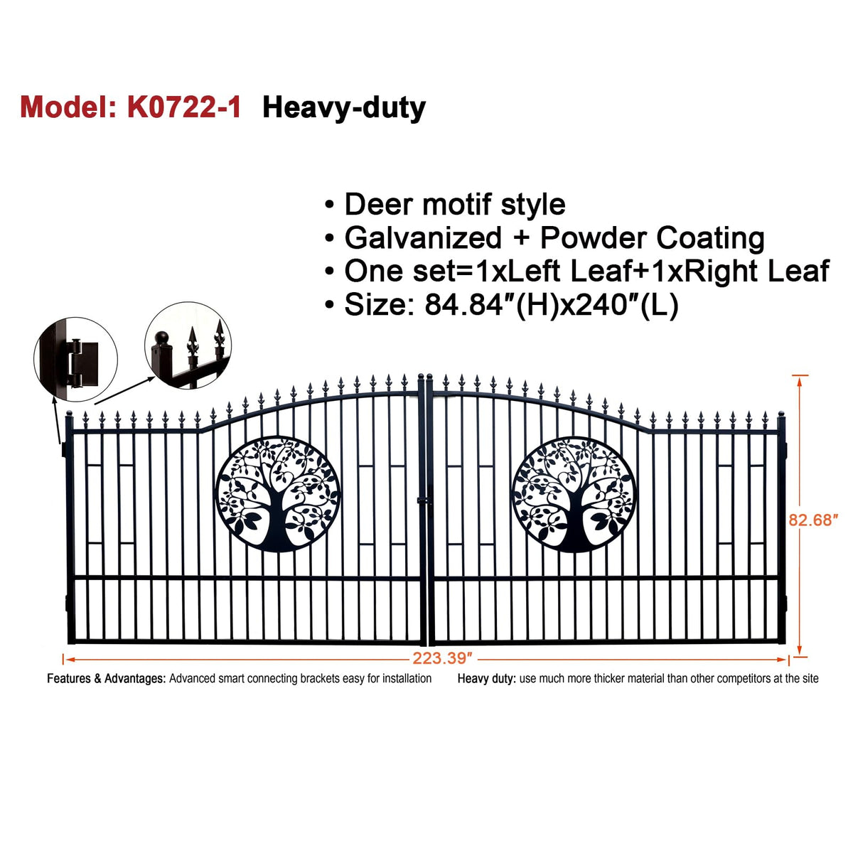 20x7ft BiParting Driveway Gate Galvanized Steel Deer Design with Frame
