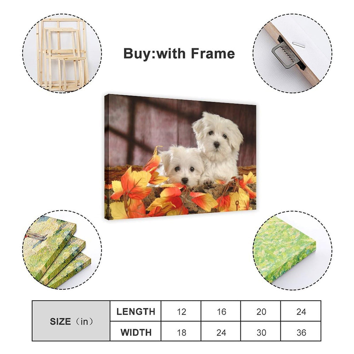 White Puppies with Autumn Leaves Canvas Wall Art, Framed