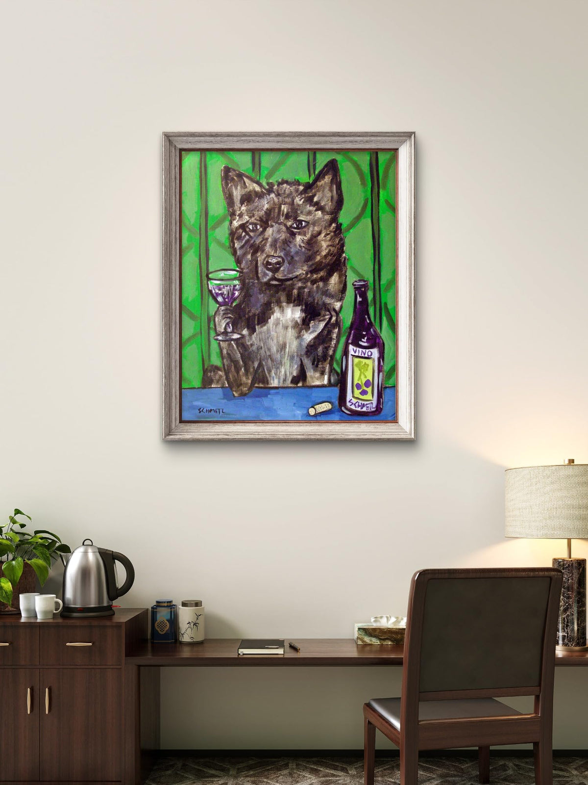 SCHMETZPETZ Akita Wall Art – Stretched Canvas Print of Akita at the Wine Bar – Funny Dog Lover Gift, Kitchen & Home Bar Decor – Ready to Hang – Available in Sizes 8x10 to 24x35
