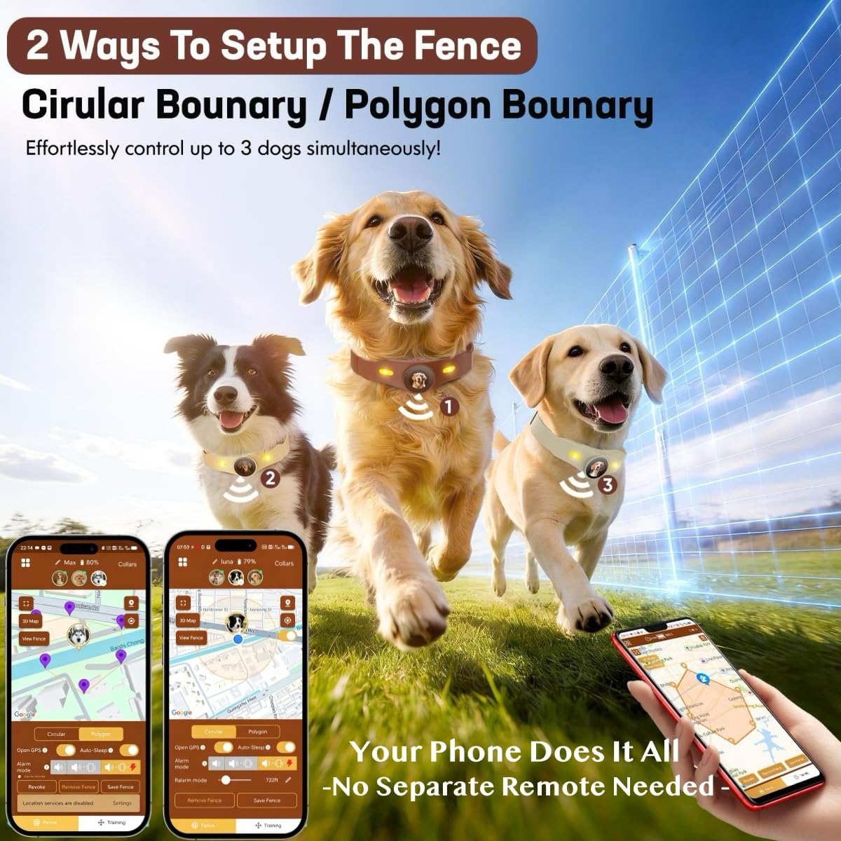 GPS Dog Collar Fence System with Free App, Electric Wireless Dog Fence