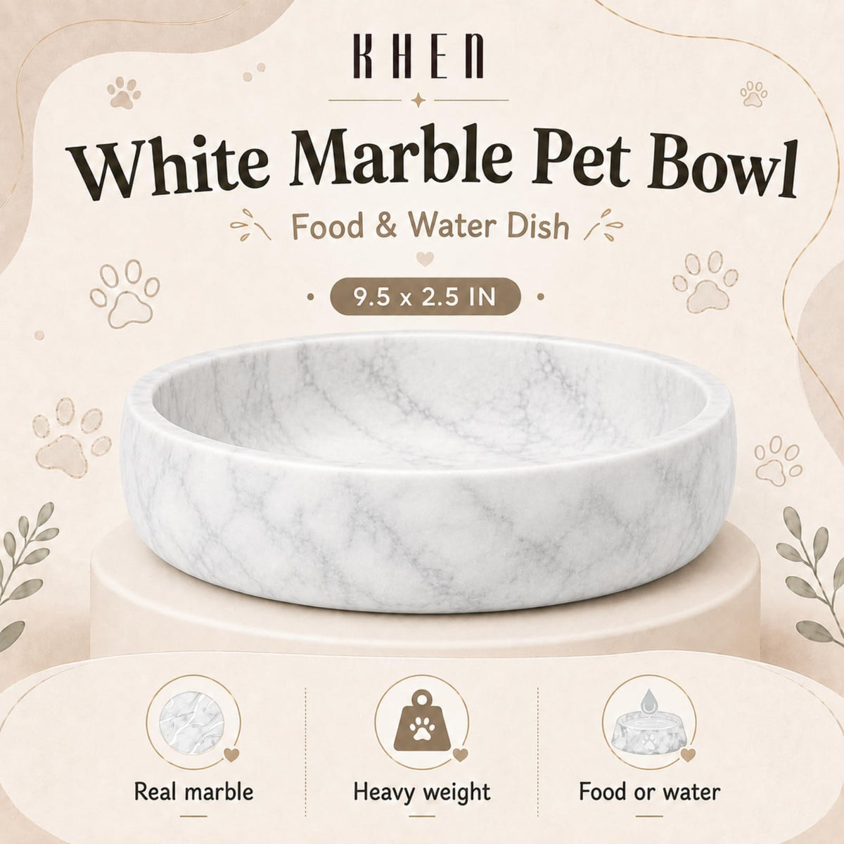 White Marble Dog Bowl Large Heavy Duty Non Slip Food Water Dish 6 Cups Gift