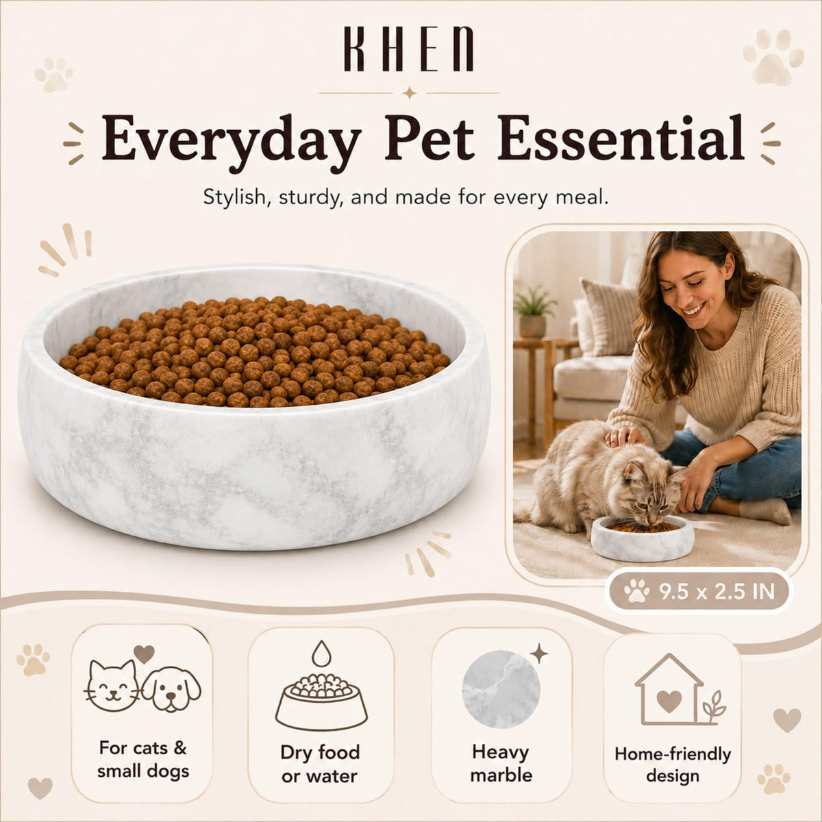 White Marble Dog Bowl Large Heavy Duty Non Slip Food Water Dish 6 Cups Gift