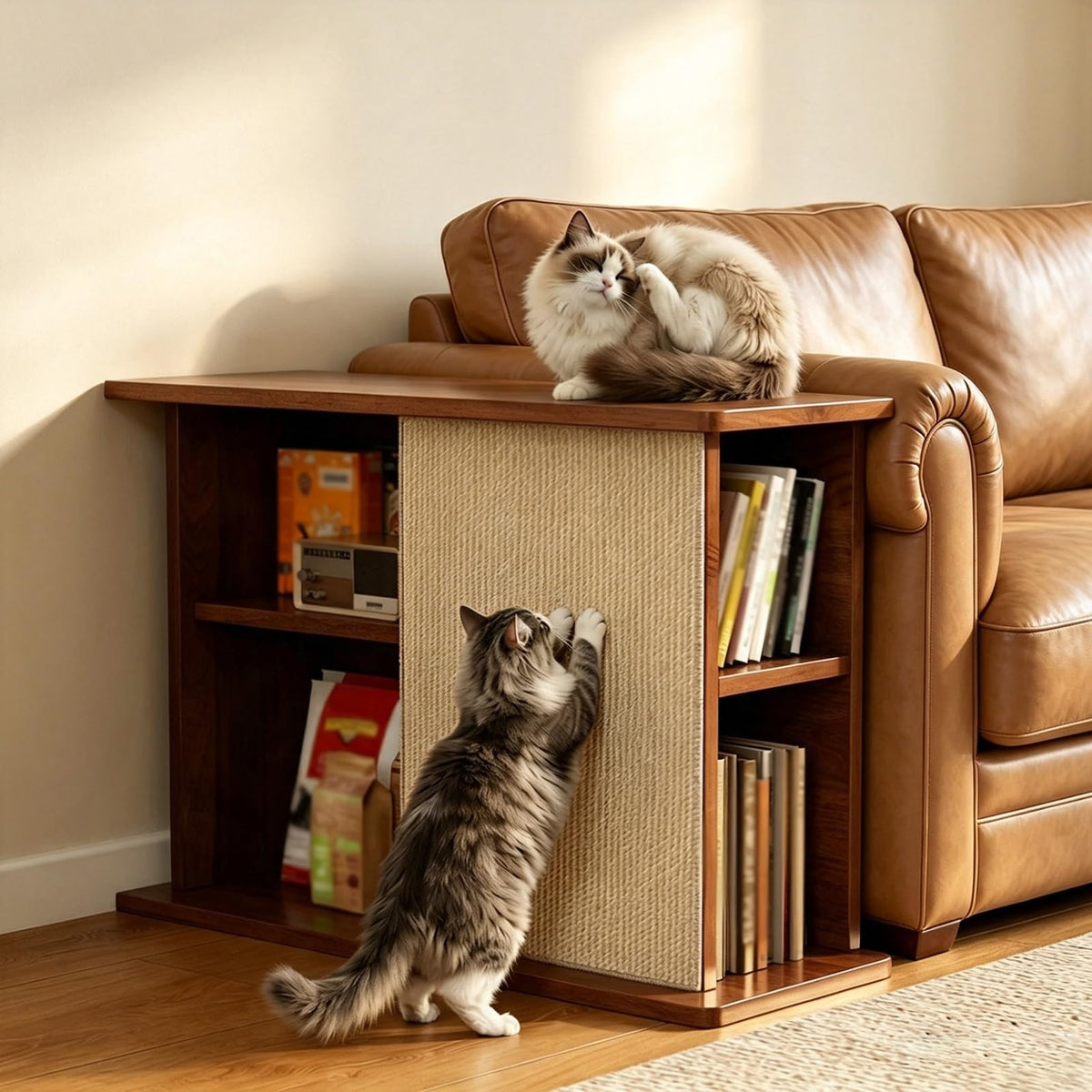 Space-Saving Cat Scratcher End Table with Open Shelving - Stylish Couch Corner Furniture for Cats, Durable Design, Multi-Functional Pet Accessory