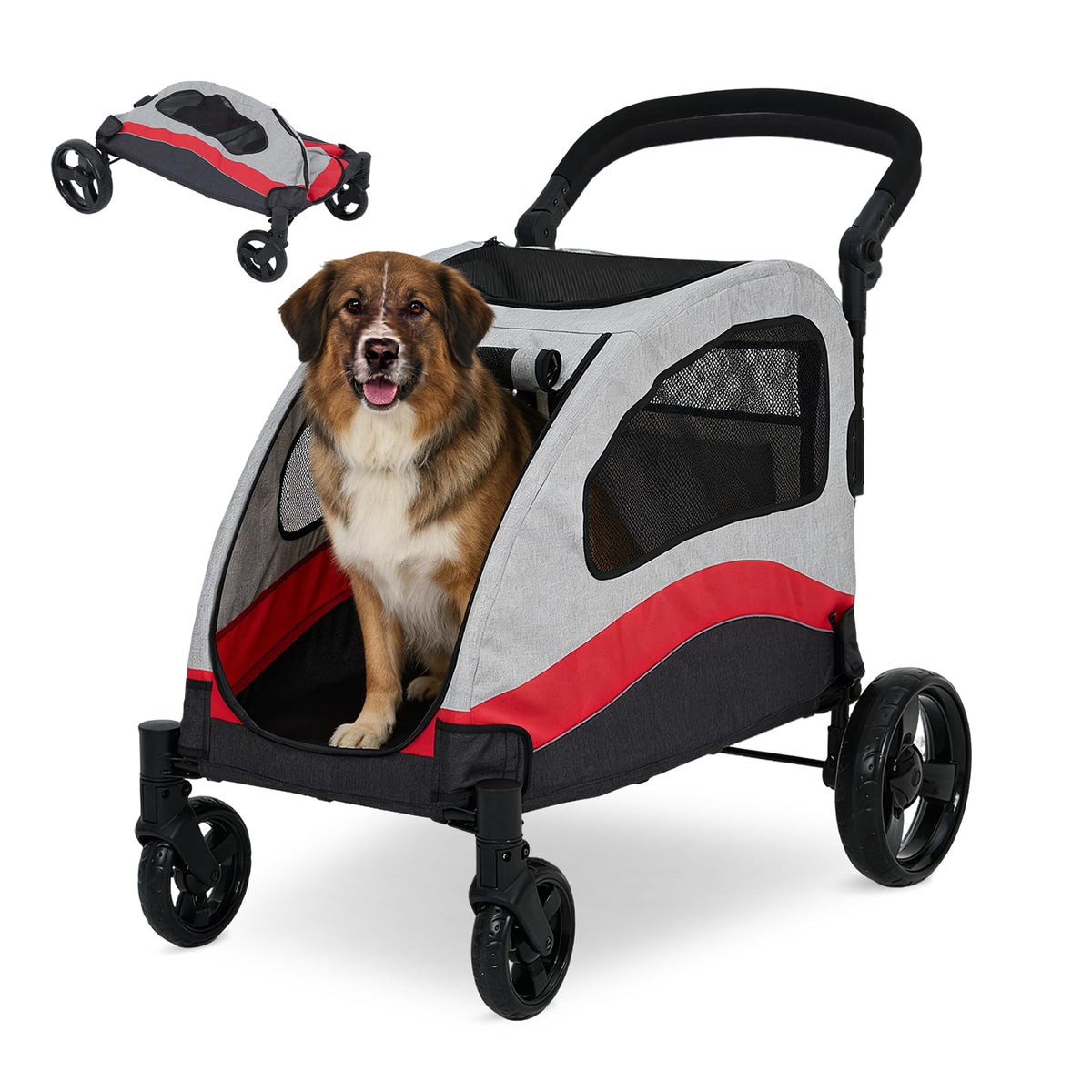 Extra Large Dog Stroller - Heavy Duty Steel Pipe Frame Pet Jogger with Shock Absorption Wheels, Safety Brakes, Adjustable & Removable Handle, Foldable Fold-and-Go Travel Carrier for Large Dogs