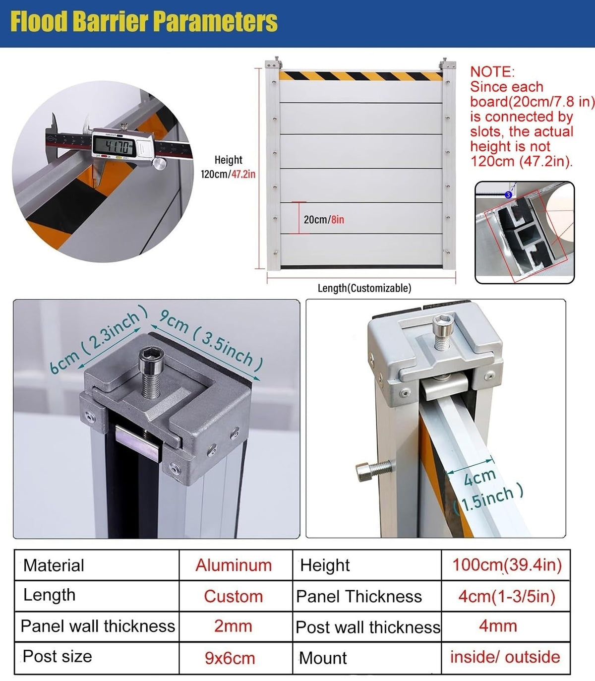 Reusable Aluminum Flood Barriers/Gates for Home Doors,2 4 6 8 10ft Long Flood Prevention Barrier Water Stopper Shield for Outside/Indoor/Garage Door/Basement/Pati,H 47.2in(120cm),L 9.5ft(290c