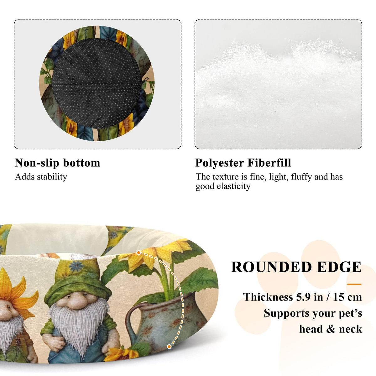 Donut Dog Bed for Small Dogs & Cats - Gnomes with Sunflowers Calming Anti-Anxiety Pet Bed with Non-Slip Base, Removable & Machine Washable, 22"