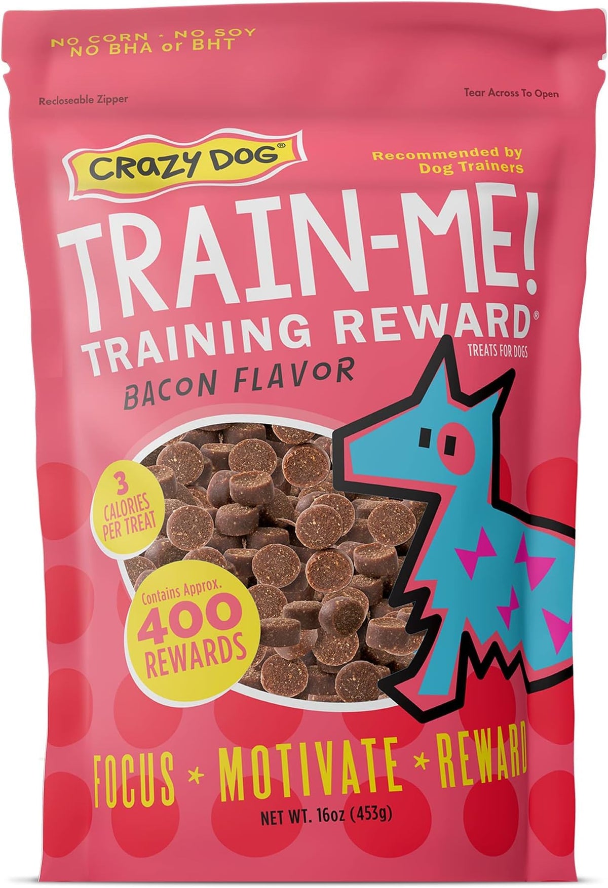Crazy Dog Train-Me! Training Treats 16 oz. Bag, Bacon Flavor, with 400 Treats per Bag, Recommended by Dog Trainers (Pack of 12)