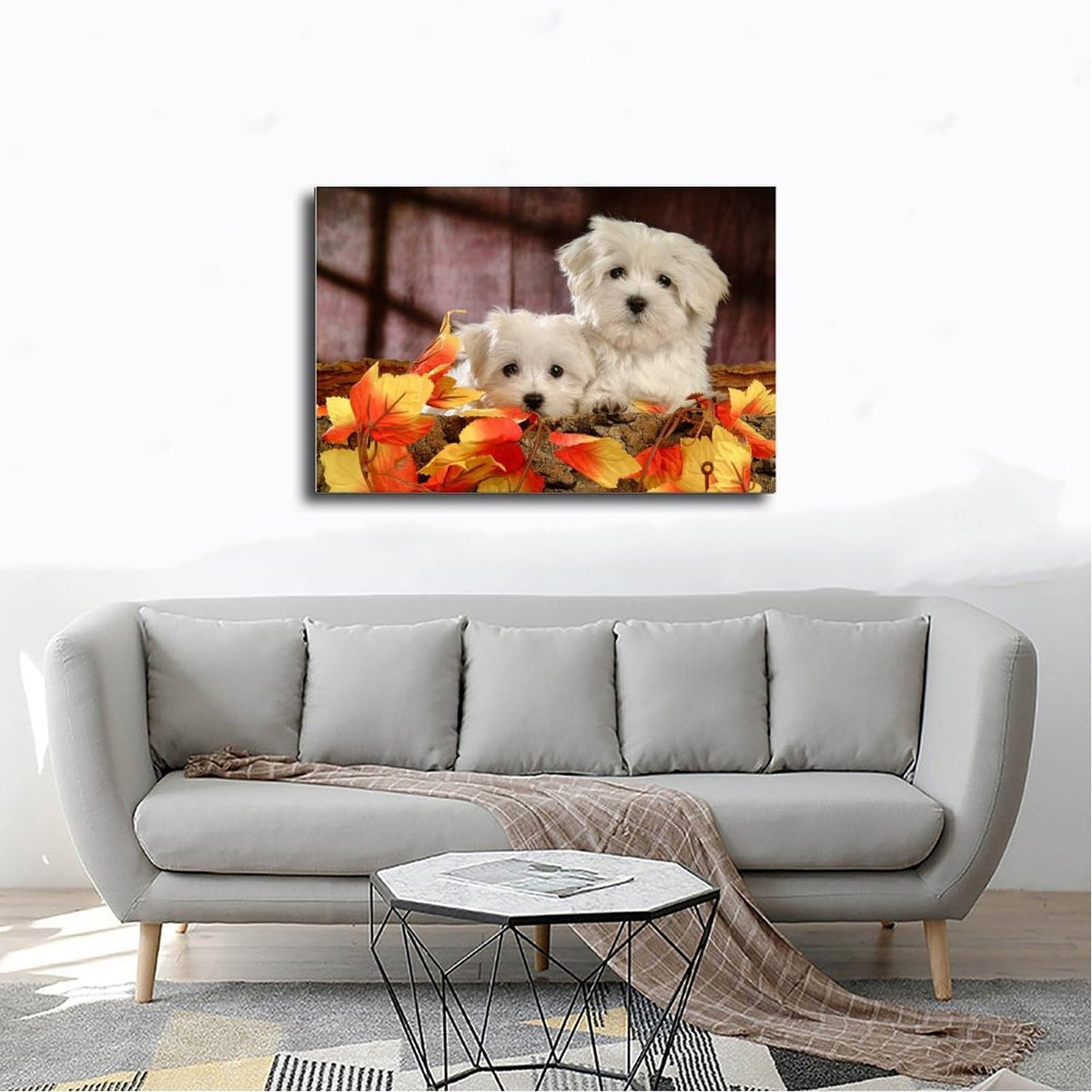 White Puppies with Autumn Leaves Canvas Wall Art, Framed